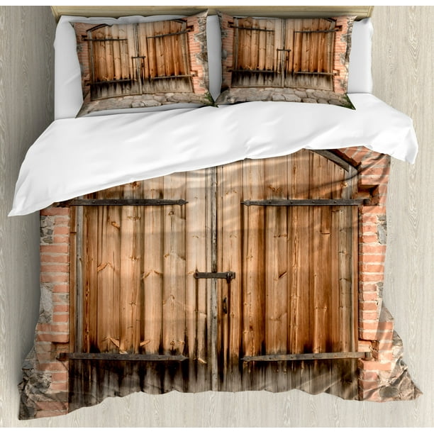 Rustic King Size Duvet Cover Set, Wooden Door of a Stone House with