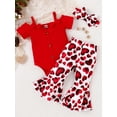 thumbnail image 3 of Suealasg 3PCS Toddler Baby Girl Valentine's Day Outfits Set Solid Color Bow Sling Off-Shoulder Romper Heart Print Flare Pants Headband 3 6 12 18 24 Months Infant Girl Spring Clothes, 3 of 9