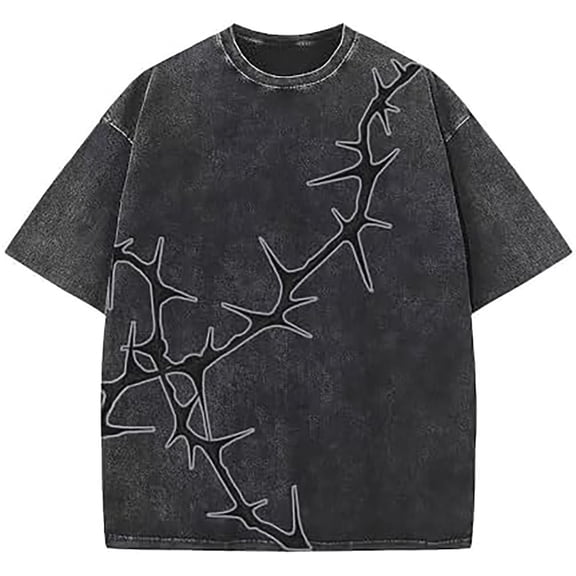 XIAONU Men's Vintage Acid Wash Thorn Print T-Shirt Short Sleeve Crew Neck Oversized Pullover Top Streetwear Casual Daily Shirts