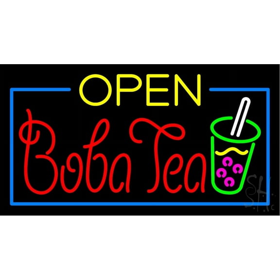 Open Boba Tea LED Neon Sign 13 x 24 - inches, Clear Edge Cut Acrylic Backing, with Dimmer - Bright and Premium built indoor LED Neon Sign for restaurant window and interior decor.