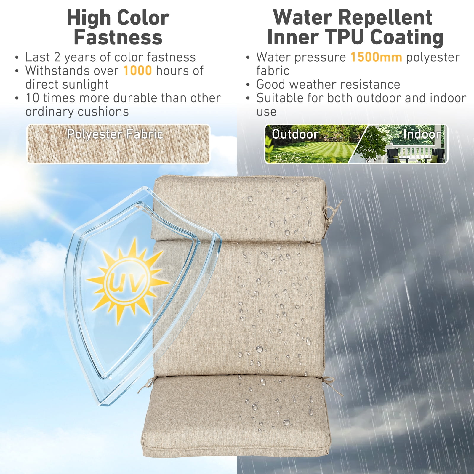 BPS Outdoor High Back Dining Chair Cushion Set, 37"x20"x2.8", TPU Water Repellent Coating&Stain Resistant, Polyester Fabric Cover with Ties and Zipper, Brown, Set of 4