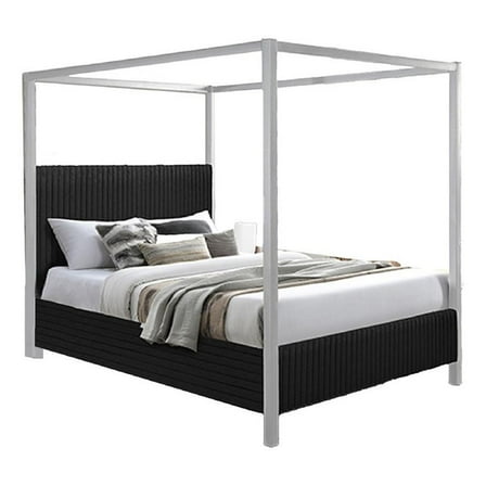 Keri King Size Canopy Bed- White Slatted Wood Frame- Black Upholstery
