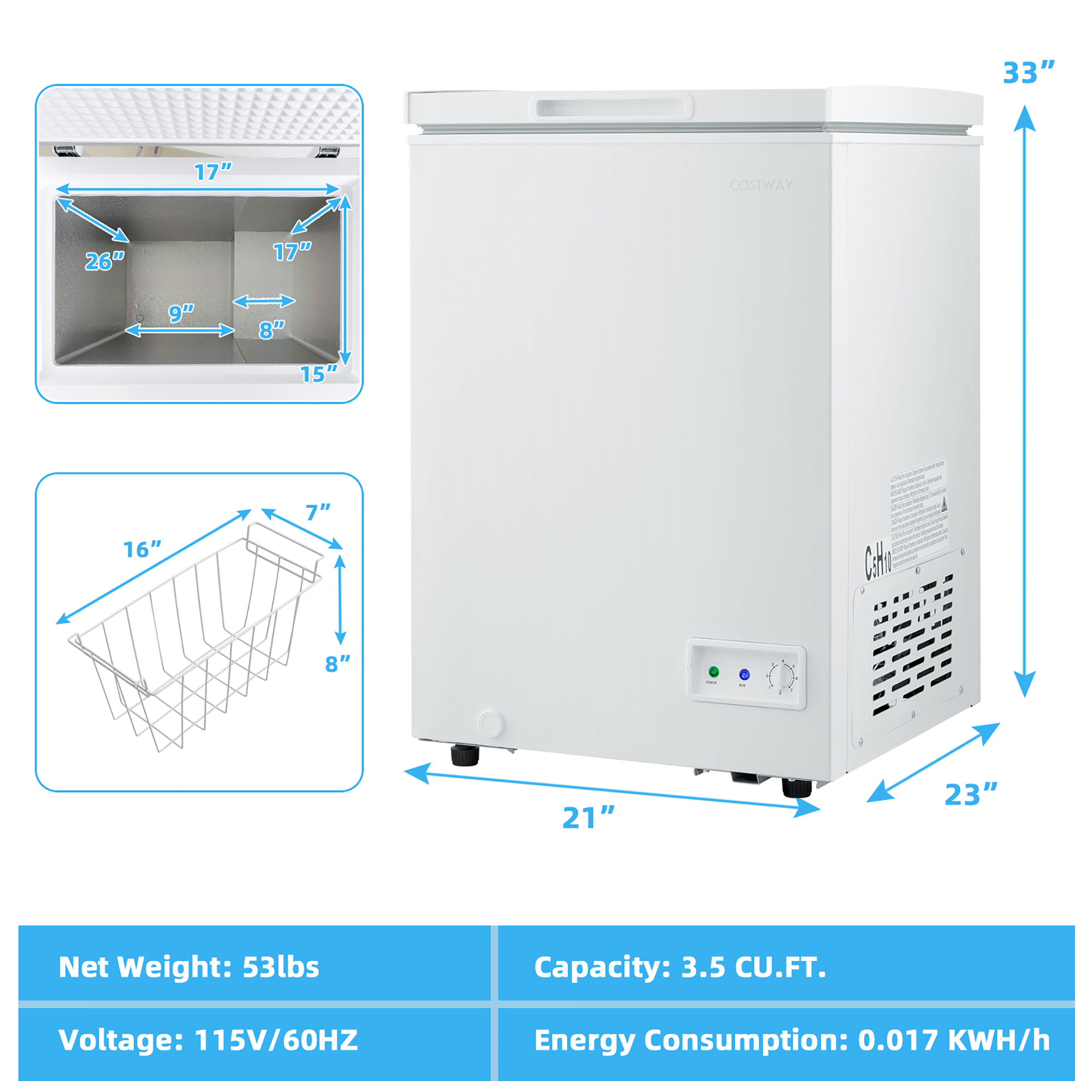 Costway 3.5 Cubic Feet Chest Freezer w/Removable Storage Basket Deep - See Details - White