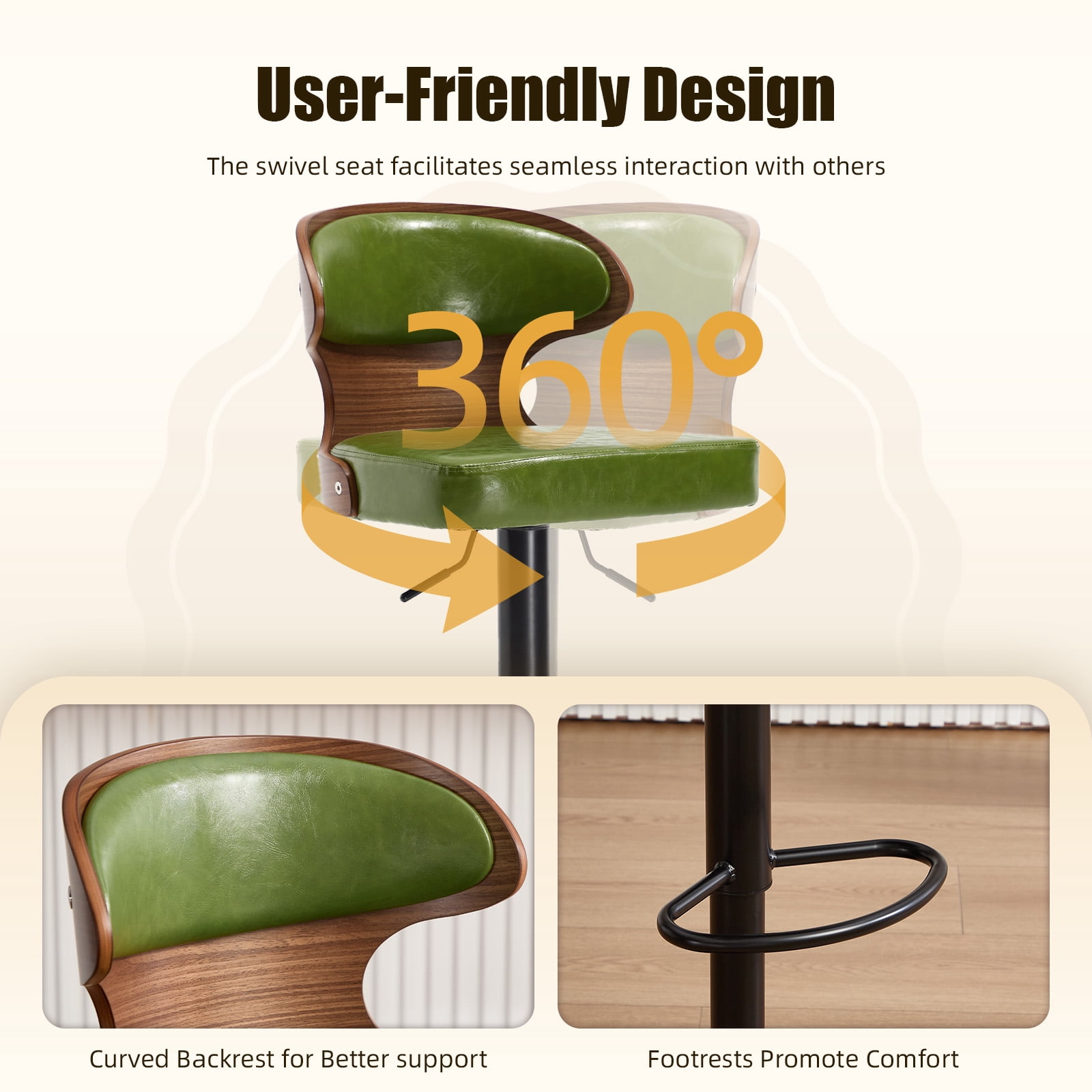 MOONMISS Swivel Bar Stools Set of 2, Wooden Kitchen Bar Chairs with Back, PU Leather Counter Height Barstools for Kitchen Island,