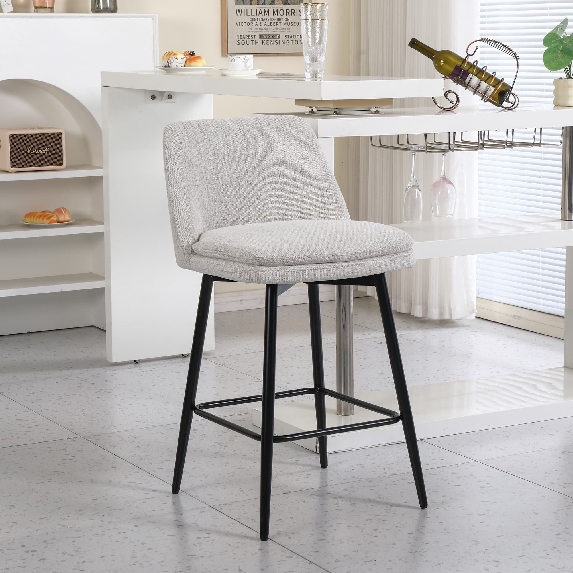 MAYEERTY Counter Height Swivel Bar Stools Set of 2 360° Swivel Upholstered 25.6 Seat Height Linen Cloth Off White Linen Kitchen Island Pub