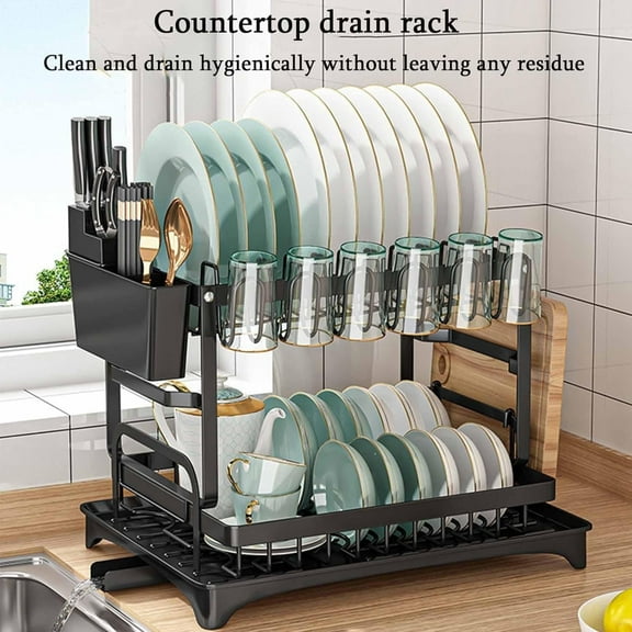 Lincordor 2-Tier Kitchen Dish Drying Rack with Utensil Holder & Drain Board, Stainless Steel Counter Organizer for Bowls, Cups, Plates, Cutlery Storage