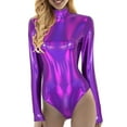 thumbnail image 2 of Riforla Women Yoga Jumpsuits Shiny Metallic Leather Neck Long Sleeve Leotard Bodysuit Jumpsuits for Women Purple S, 2 of 7