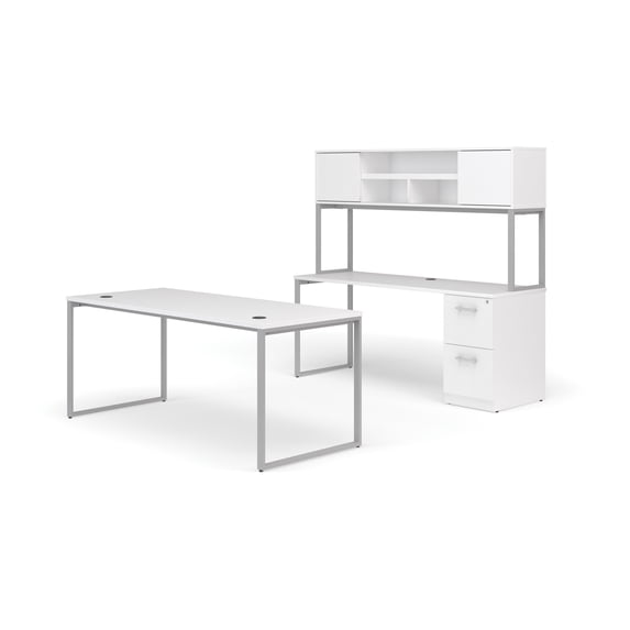 OFM Fulcrum Series Office Furniture Set, 72" Table Desk, 72" Credenza, Lateral 2-drawer Filing Cabinet, Hutch, in White