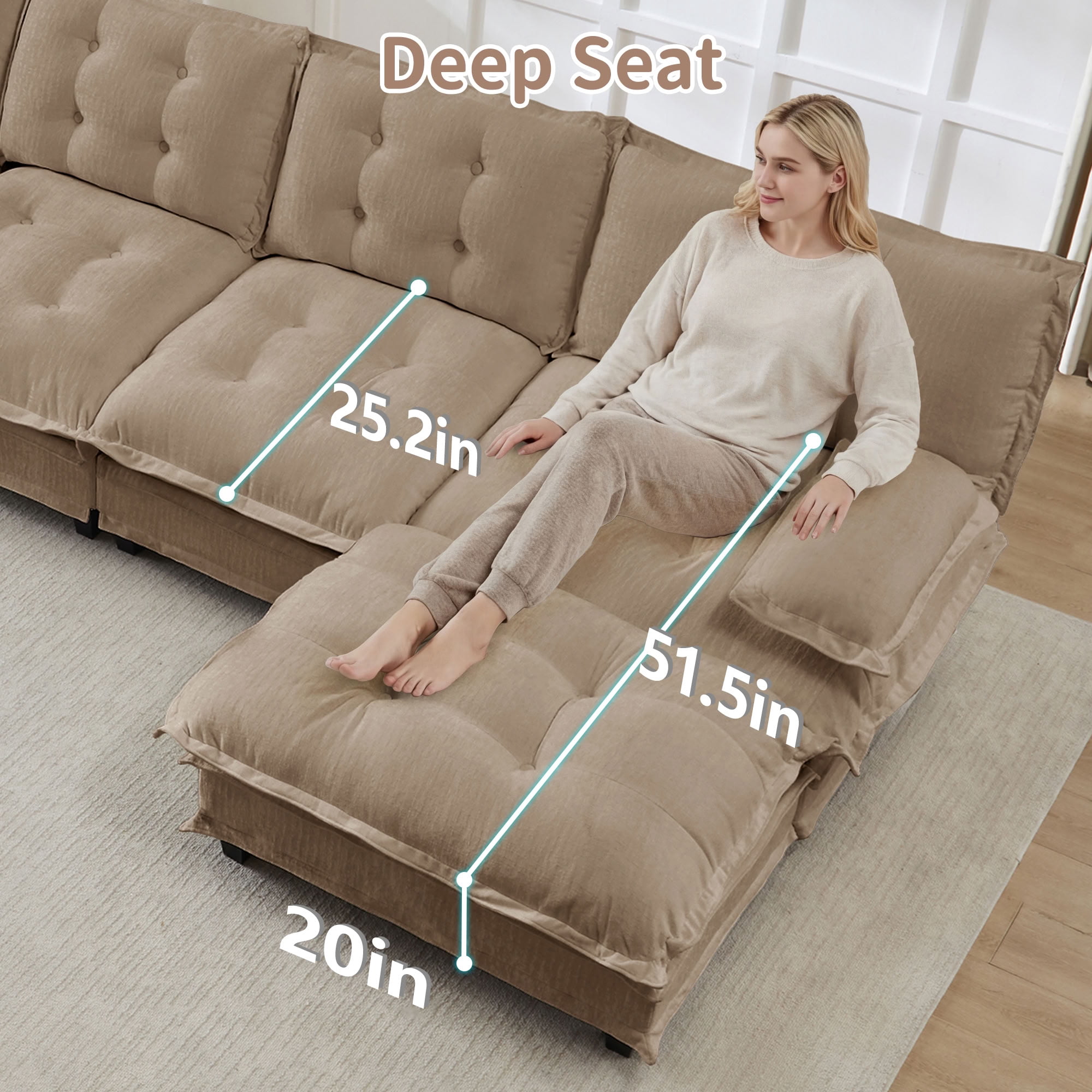 MAYEERTY 77" Cloud Modular Sleeper Sofa with Dual Ottomans, Chenille 2-Seat Sectional Couch for Home & Small Apartment