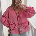 thumbnail image 3 of Women's Plaid Lace Up Bow Shirts Heart Pockets Long Puff Sleeve V-neck Blouses, 3 of 5