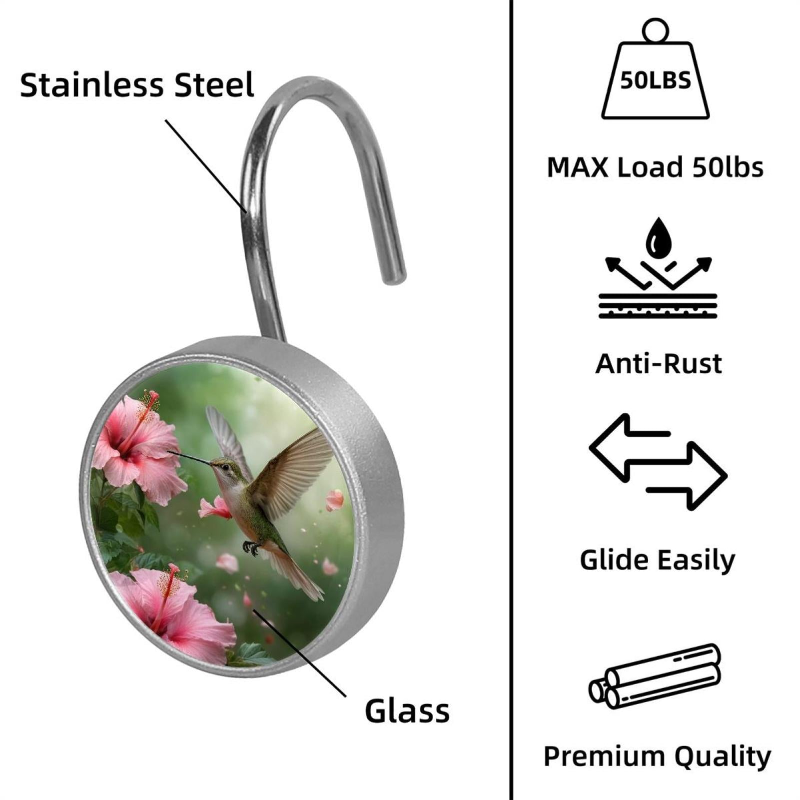 Imobaby 12 Pcs Metal Shower Curtain Hooks Rust Proof for Shower Curtain Liner - Pink Lily Hummingbird