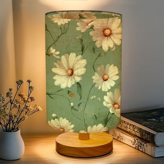 16-Color Dimmable Table Lamp for Bedroom, Delicate White Daisy Floral Soft Green Nightstand Lamp with Wood Base Fabric Shade, Gifts for Nursery Living Room Reading Room