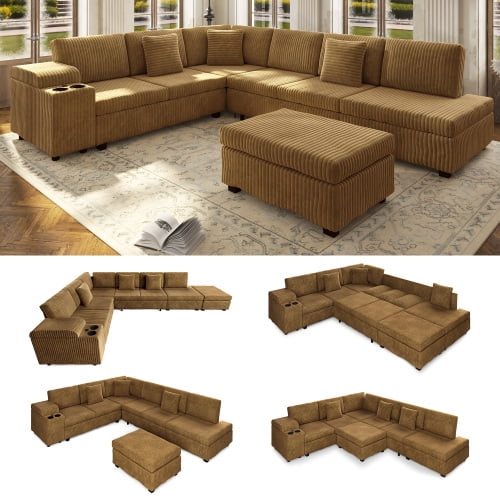 110.2" L-Shaped Convertible Sleeper Sectional Sofa Set with Removable Ottoman, Hidden Armrest Storage, USB & Type-C Charging Ports, Cup Holders, Plush Corduroy, Camel