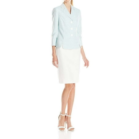 New  1315 Le Suit White Women 3-Button Blazer Skirt Suit Set Teal Size 14P $200.00