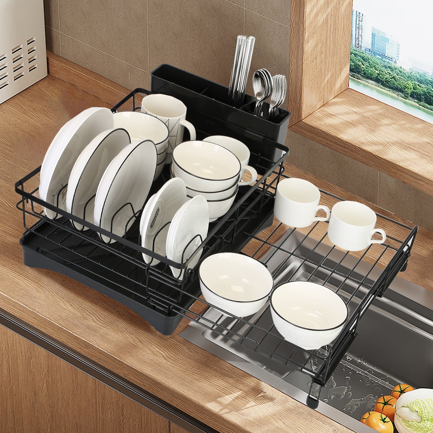 mDesign Large Kitchen Dish Drying Rack with Swivel Spout 3 Pieces Black Gray Walmart
