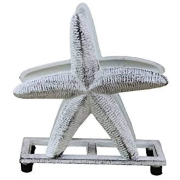 Handcrafted Nautical Decor Rustic Whitewashed Cast Iron Starfish Napkin Holder 6" - Decorative Starfish -