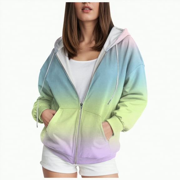 Towmus Zip Up Hoodie Women Trendy Gradient Printed Long Sleeve Full Zipper Plus Size Coat Fall Jacket Hooded Sweatshirt With Pockets