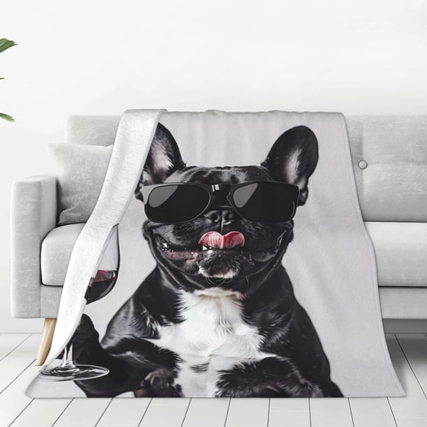Fotbe Cool French Bulldog Wine Manta de Franela Acolchonada con Estampado, Súper Suave y Esponjosa, Extra Grande para Sofá, Cama, Uso Todo el Año-40"x30"