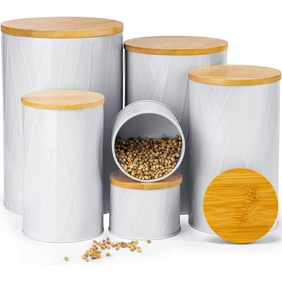 Kitchen Storage Containers for Countertop Set of 6,Food Containers with Airtight Lids,Flour and Sugar Storage Containers,White Canister Set for Coffee and Tea,Farmhouse Kitchen Decor