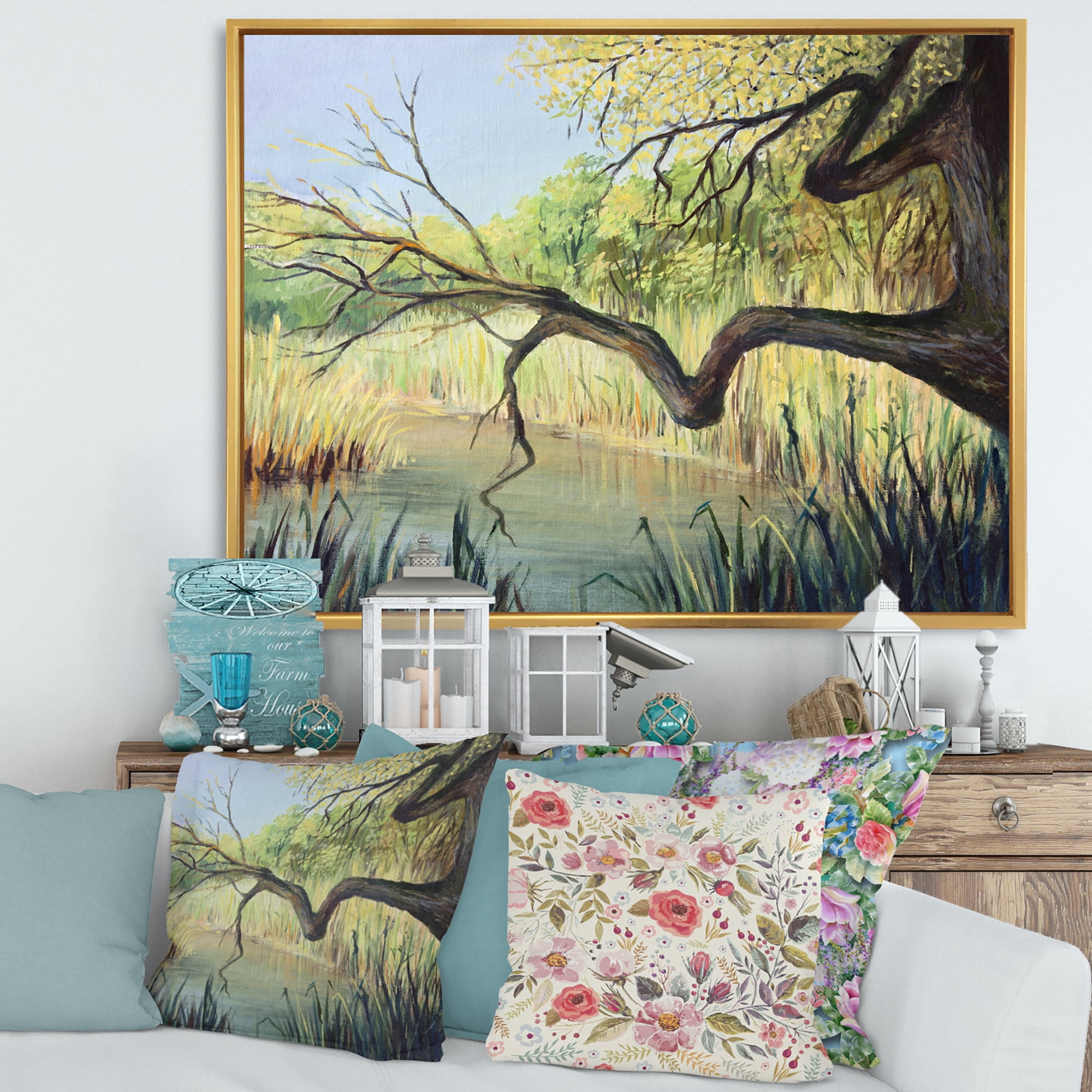 Designart 'The Lake of Silence From The Tree' Lake House Framed Canvas Wall Art Print