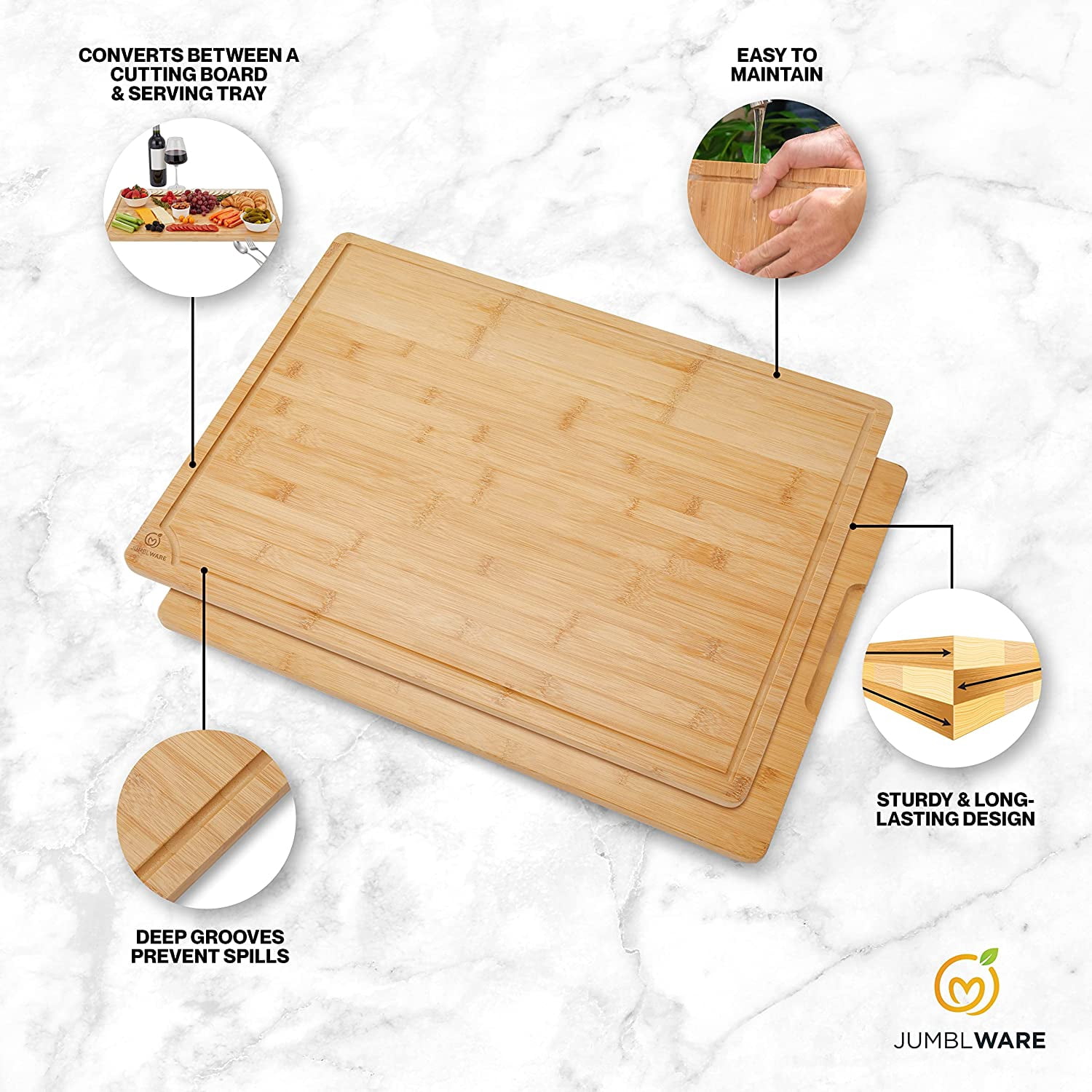 JumblWare Bamboo Cutting Board, 18x24 Large Wooden Chopping Block Tray W/Handles