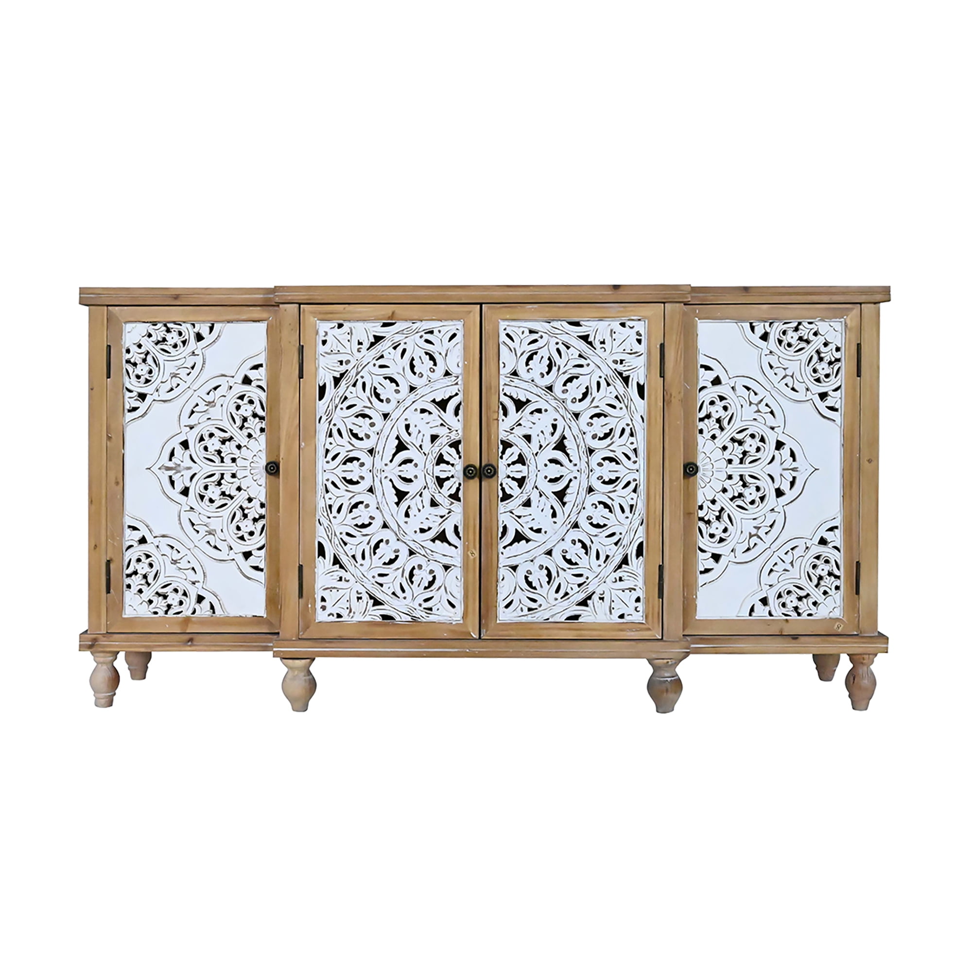 4-Door Hollow-Carved Accent Cabinet, Distressed Wood Storage Cabinet Cupboard with Adjustable Shelves, for Kitchen, Dining Room, Living Room, Entryway, Natural wood