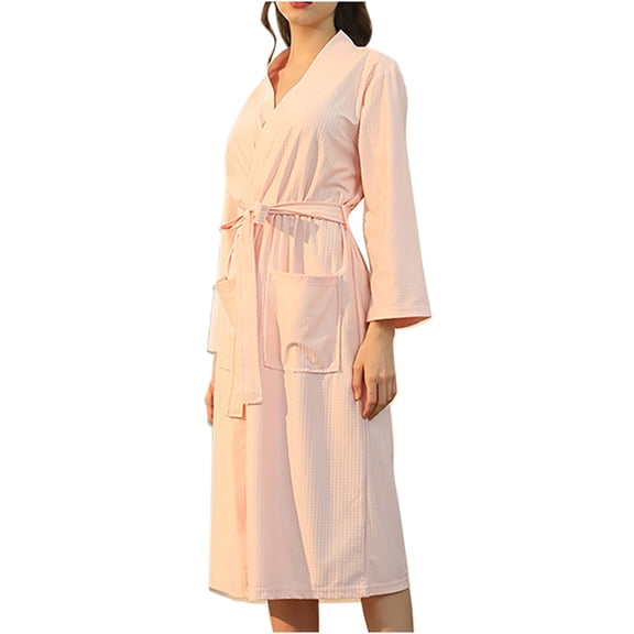 Hvyesh Womens Waffle Kimono Robe Lightweight Soft Shawl Collar Bathrobe Mid-Length Spa Robe Sleepwear Loungewear with Pockets