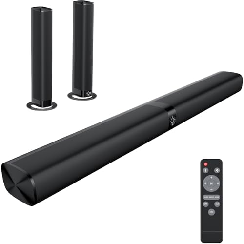 Assistrust Barra de sonido para Smart TV, barra de sonido con Bluetooth/ARC/Opt/AUX Connect, aumento automático de volumen, 3 modos de ecualizador, barra de sonido desmontable 2 en 1 para TV/PC/juegos