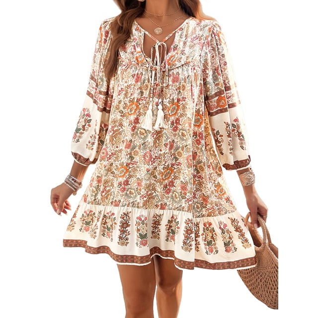 Vestido Informal de y Verano para Mujer, Cuello en V, Larga 3/4, Estampado Floral, Estilo Bohemio, Minivestido Corto. Albaricoque M