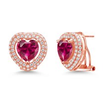 Gem Stone King 18K Rose Gold Plated Silver Post Clip Stud Earrings Created Ruby Moissanite (9.65 Cttw)