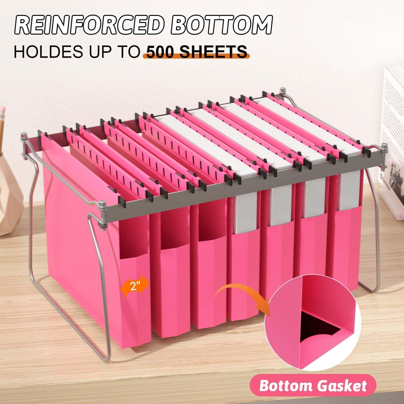 Plastic Hanging File Folders Expanding 12 Pack Extra Capacity Folder Letter Size 2 Inch Expansion Heavy Duty Adjustable Tabs Pink Designed For Bulky Files