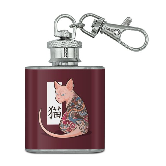 Grumpy Sphynx Cat Neko With Dragon Tattoo Stainless Steel 1oz Mini Flask Key Chain