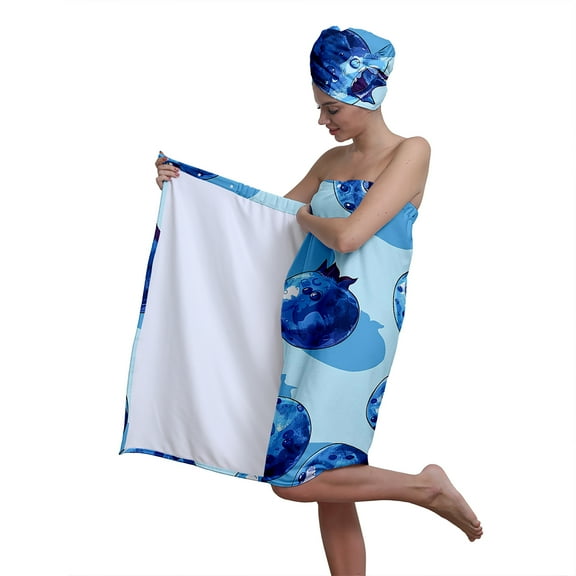 Colevkie 2 Pieces Adjustable Bath Wrap Set for Women Bath Skirt & Shower Cap Quick Drying Soft Printed Blueberry Pattern Home Bathroom