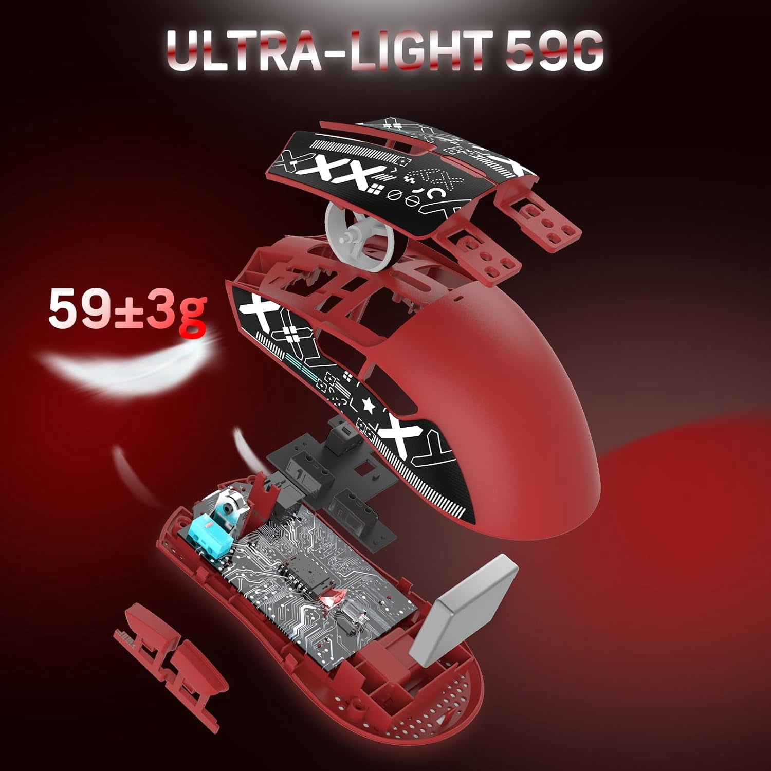 ATTACK SHARK X11 Wireless Gaming Mouse with RGB Magnetic Charging Dock, PixArt PAW3311 Sensor, Ultralight 59g Tri-Mode Gaming Mouse with Tape, Wired/2.4G/BT, 22K DPI for PC/Mac-Red&Tape