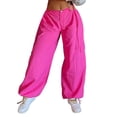 thumbnail image 2 of Hot Pink Juniors Pants Cut Out Drawstring Pockets Wide Leg High Waist Straight Vintage Baggy Trousers Overalls Pants for Women 2023 Size M, 2 of 6