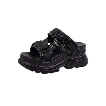 

Summer Savings Clearance! PEZHADA Womens Sandals Slippers for Women Fashion Round-toe Solid Color Slippers Thick Bottom Buckle Casual Slippers Black