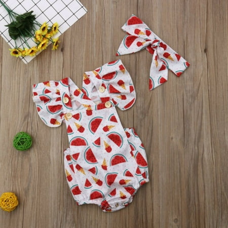 Flower Button Bodysuit - Baby Girls' Full Flower Print Buttons Ruffles Romper Bodysuit with Headband
