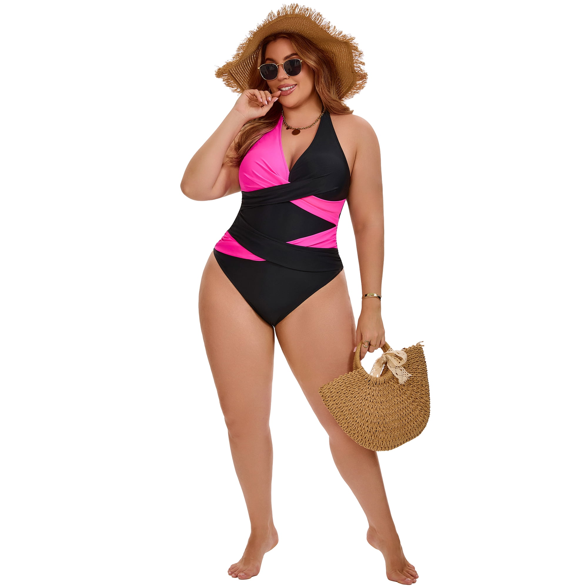 DARING DIVA Women's Plus Halter Criss Cross Backless 1 Piece Bathing Suit L Pink