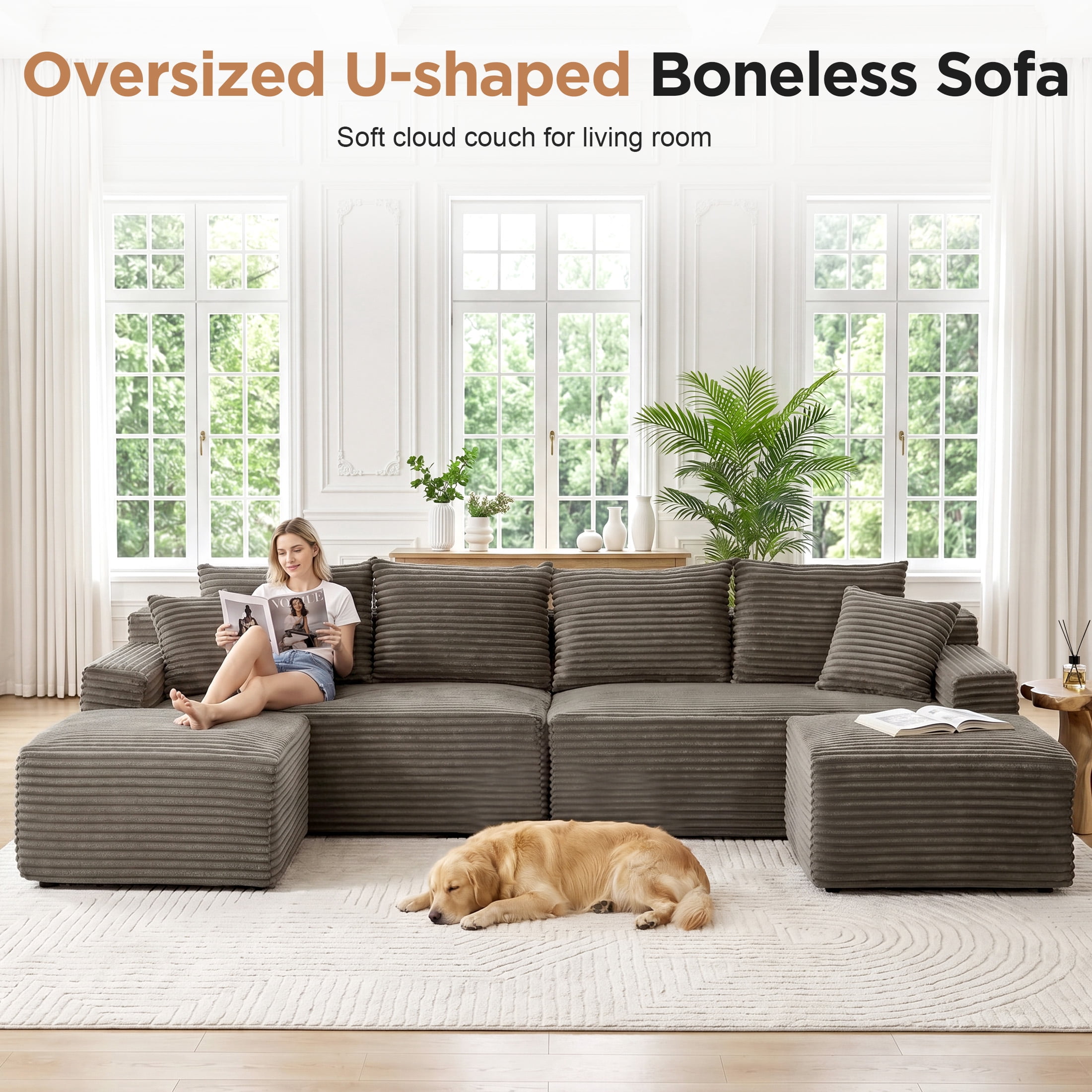 Aenkyo 115" Corduroy U-Shaped Modular Sectional Sofa with 2 Ottomans, 4-Seater, Brown