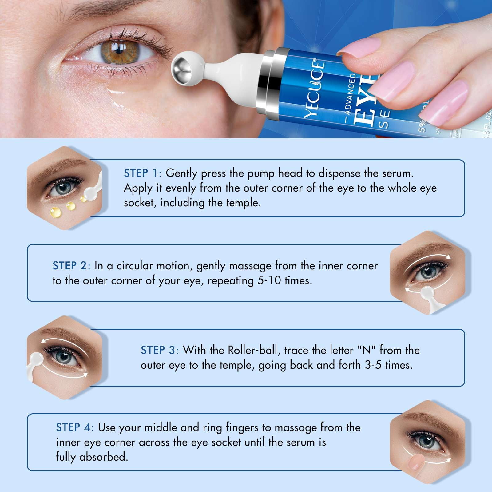 (3 pack) Yecuce Eye Serum with Roller Massage Ball, Caffeine Peptide, Dark Circles Under Eye Treatment, with Retinol, 5ml