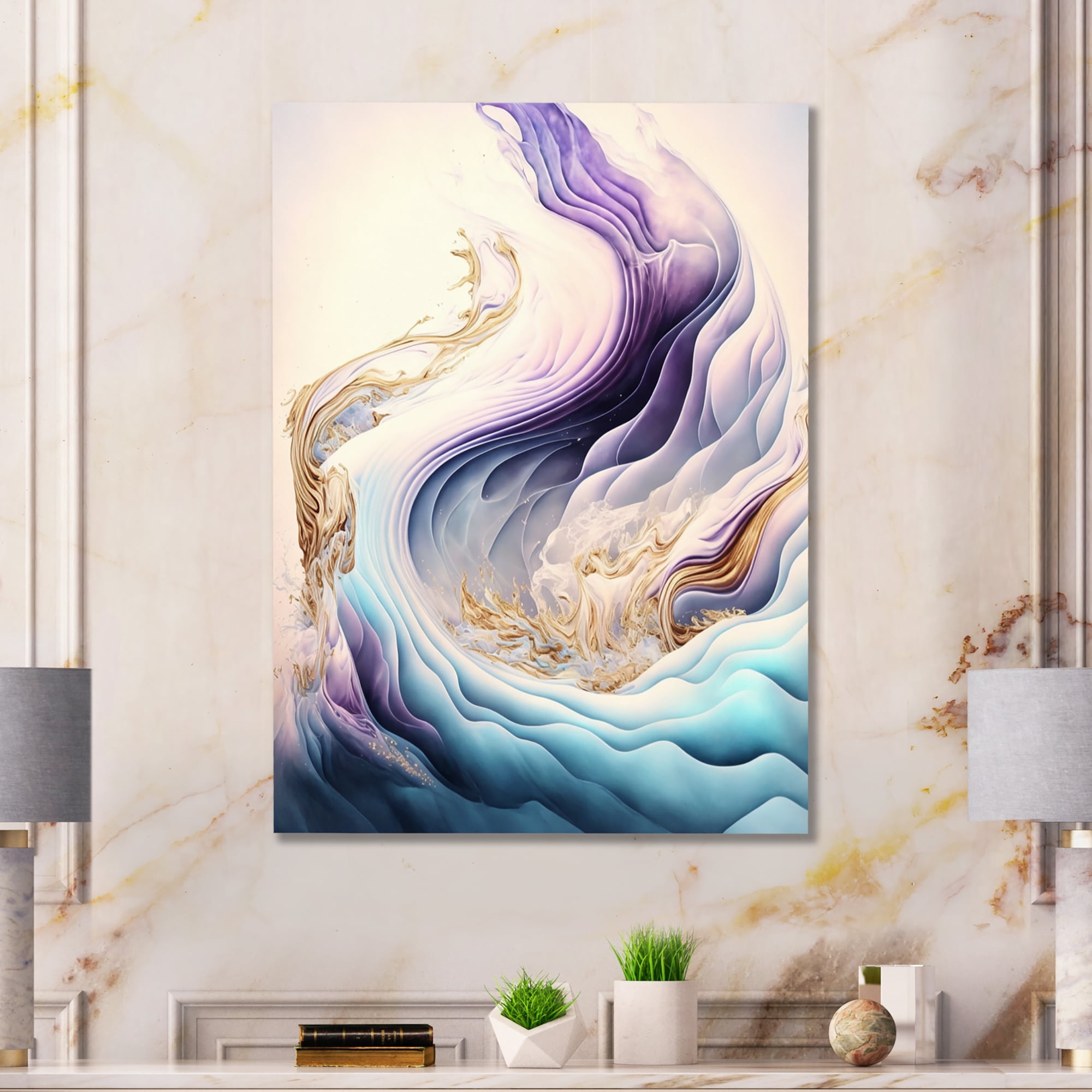 Designart Blue, Gold And Purple Abstract Waves III Canvas Wall Art