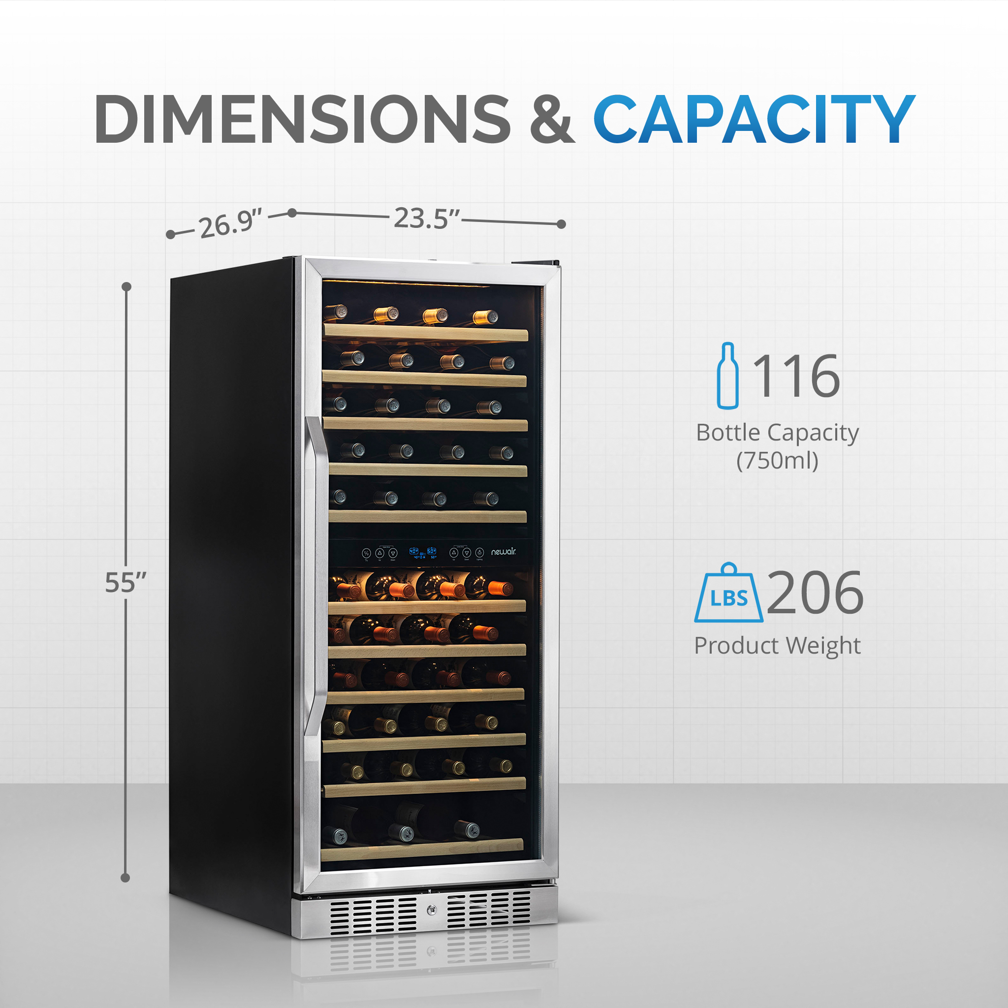 NewAir Dual Zone 116 Bottle Beverage Cooler with Beechwood Shelves, Stainless Steel