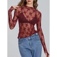 thumbnail image 6 of AIGUR Women Long Sleeve T-Shirts Polyester Mesh See-Through Mock Neck Lace Shirts Spring Fall Slim Fit Tops Streetwear, 6 of 9