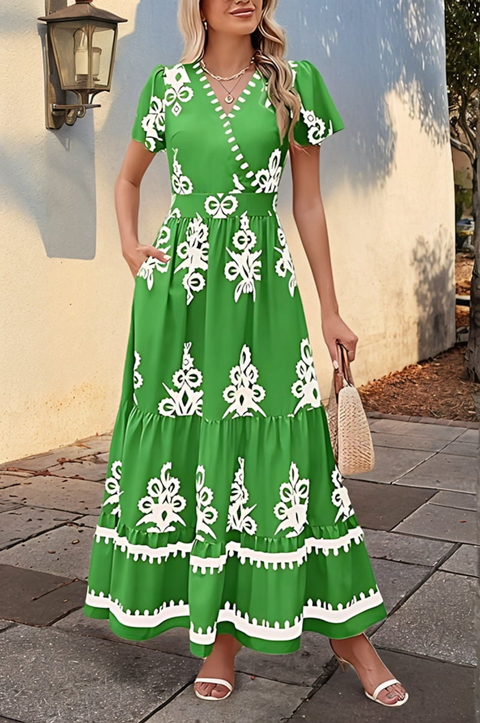 Womens 2025 Summer Casual V Neck Boho Maxi Dress Flowy Aline Bell Sleeve Tiered Floral Dresses with Pocket Green XXL