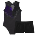 thumbnail image 4 of iixpin Kids Girls 2 Pieces Ballet Dance Outfits Sleeveless Gymnastic Leotard with Booty Shorts Set Athletic Tracksuit Purple&Black 14, 4 of 7