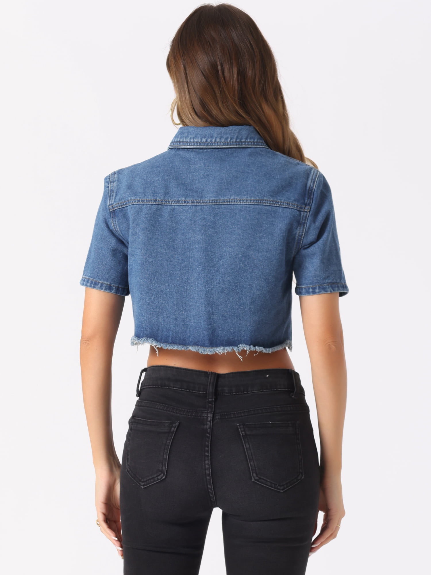 DARING DIVA Women's Collared Frayed Jean Denim Crop Jackets XS Sky Blue