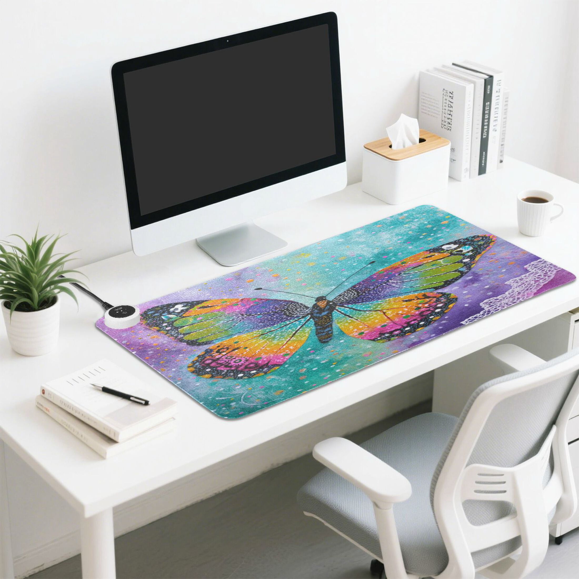 Wobogo Monarch Butterfly Heated Mouse Pad Extra-Large Desk Mat With 3 Heating Levels and 3-hour Auto Shut-Off Protection Ideal for Computer Keyboards Home Office Hand-warming Essential 31.5in × 13in