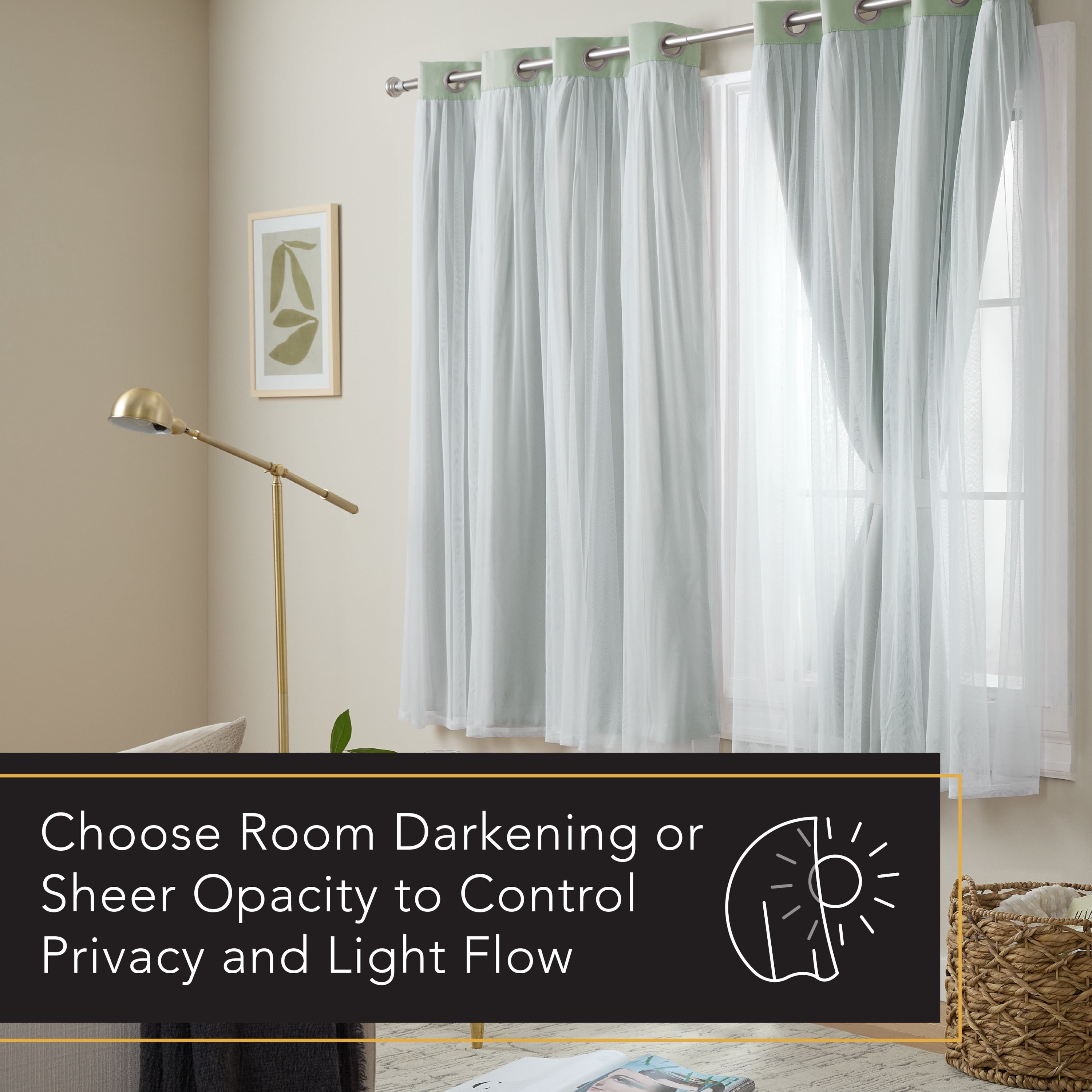 TOWN & COUNTRY LUXE Talia Double Layer Indoor Curtains, Sheer and Room Darkening Blackout, Grommet Top, Energy Efficient, 2-Pack Set, 52"x63", Mint Green