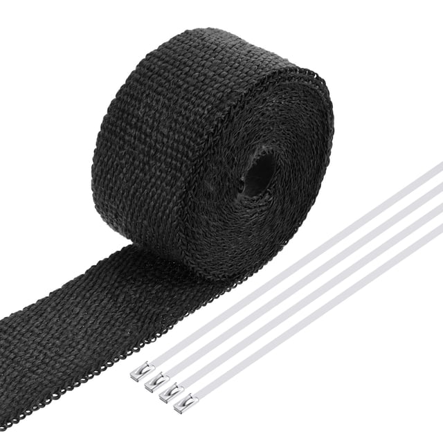 Fiberglass Exhaust Wrap Tape, 2" x 16' Black Header Heat Wrap with 4 Stainless Ties for Hot Rods Motorcycle