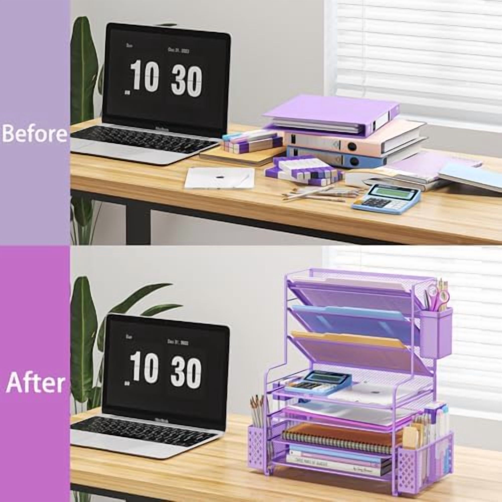 7 Tier Desk File Organizer, Letter Tray Paper Organizer with Pen Holder and Metal Hanging Basket, Purple